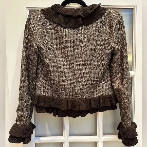 Magaschoni Collection Gold Metallic Tweed Ruffled Wool Blend Jacket Size 2 - Picture 4 of 16